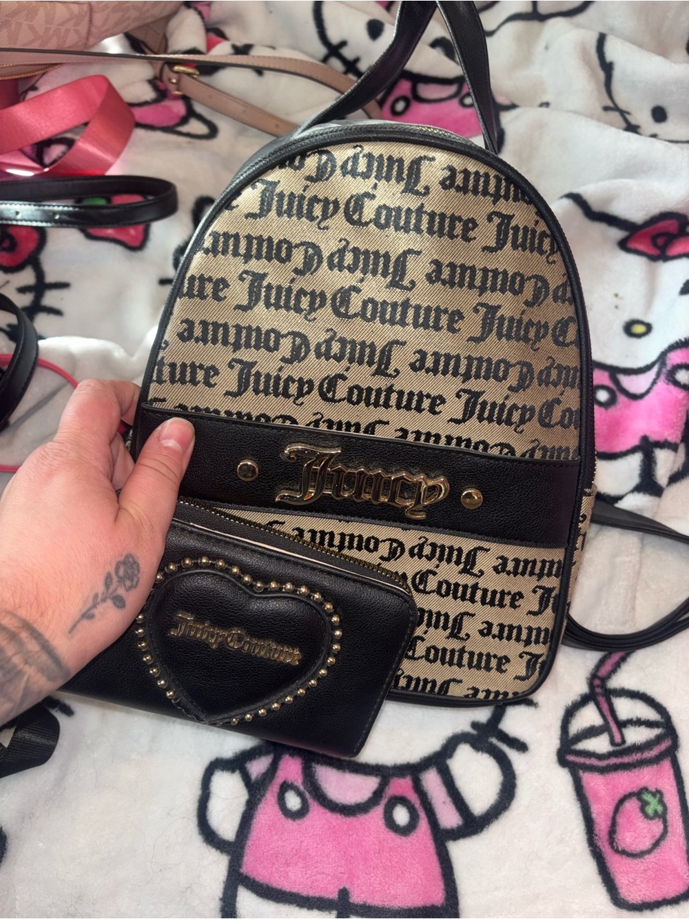 Juicy Couture Tan & Black Logo Mini Backpack with Heart Cardholder